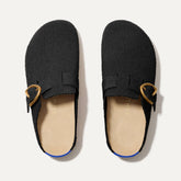 The Buckle Clog in Soft Black Bouclé shown from the top.