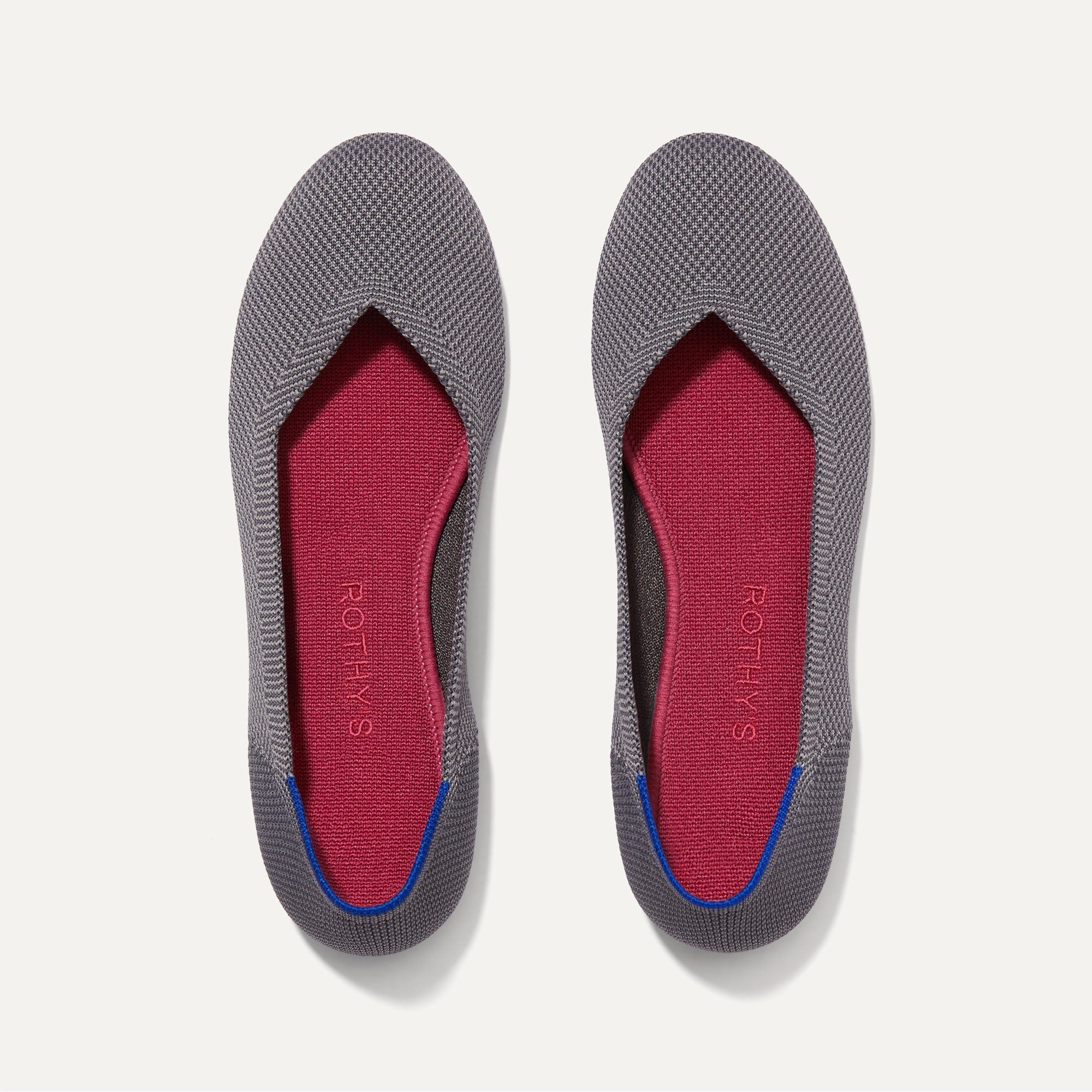 A pair of The Flat round toe shoes in Charcoal shown from the top view.