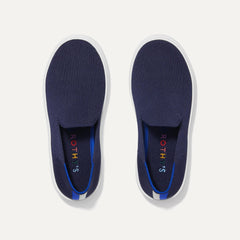 A pair of The Kids slip-on Sneakers in Deep Navy shown from the top view.