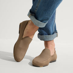 hover | Model wearing The Ravello Loafer in Faded Brown.