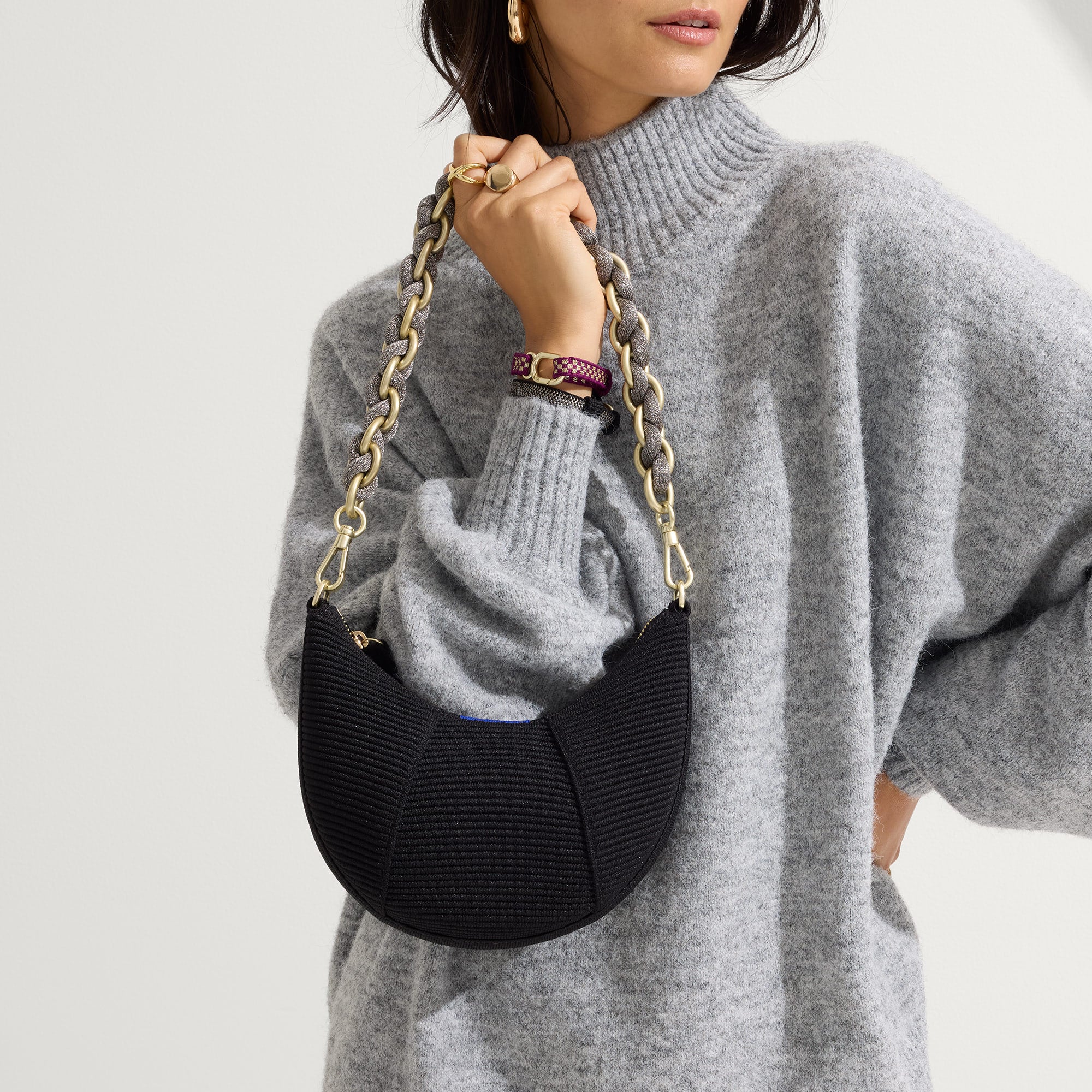 hover | The Shoulder Strap in Golden Silver Chain paired with The Mini Crescent Bag.