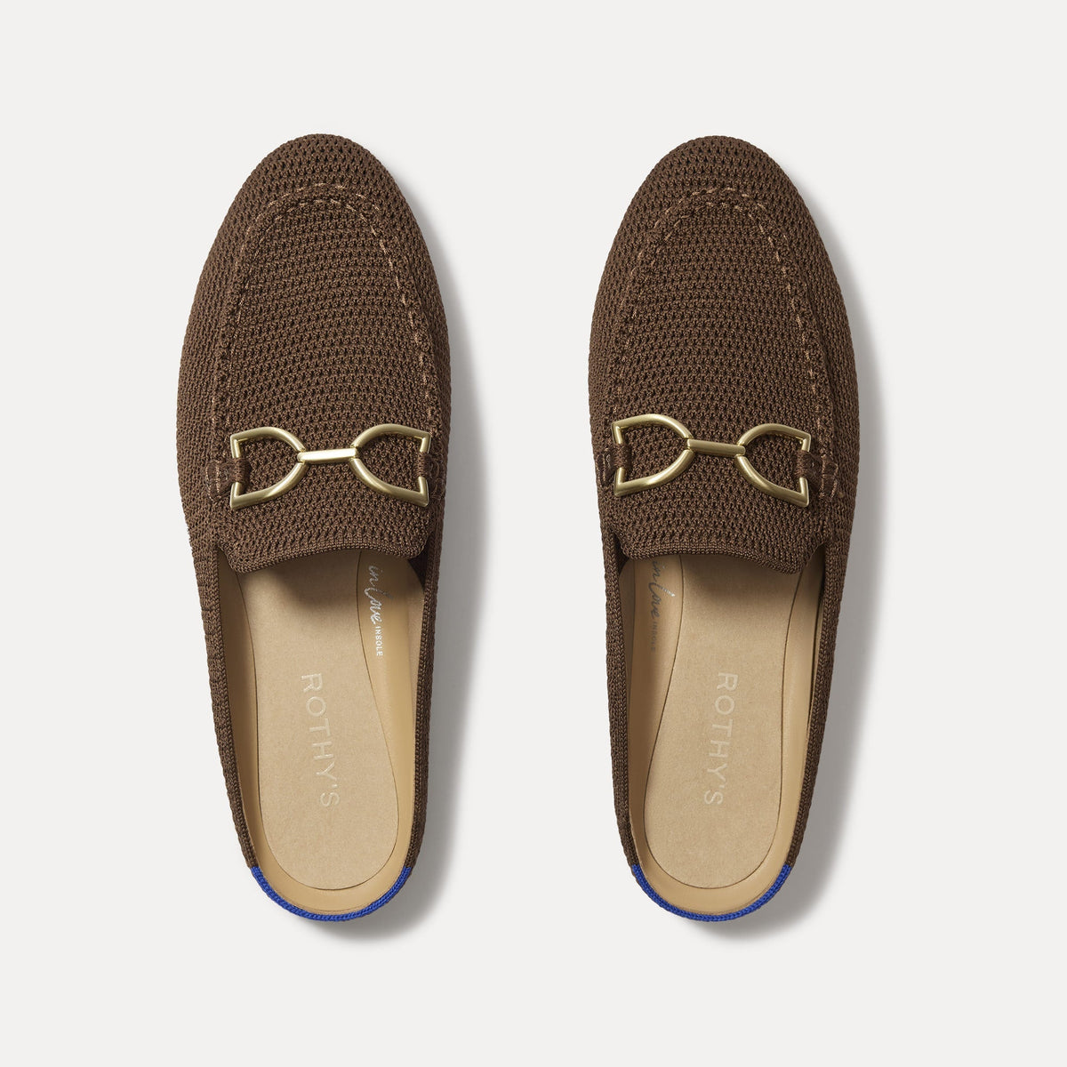 The Double Bit Loafer Mule in Cinnamon Raffia-Knit shown from the top. 