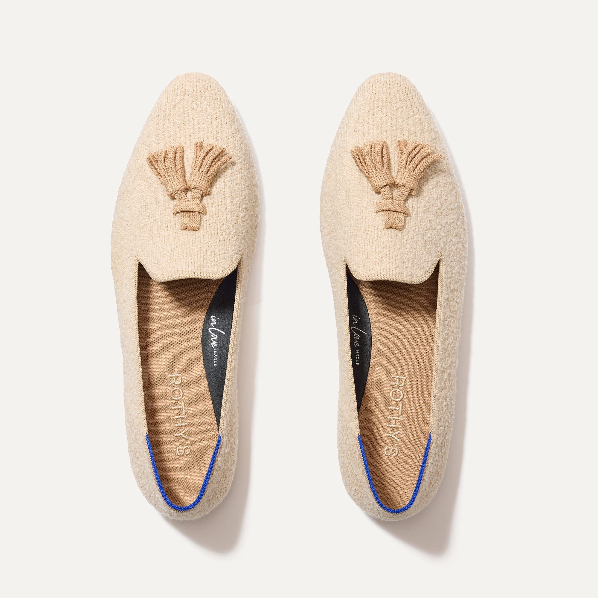 The Almond Tassel Loafer in Toasty Bouclé shown from the top. 
