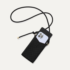 The Phone Crossbody in Black Sand shown from above with an iPhone inside.