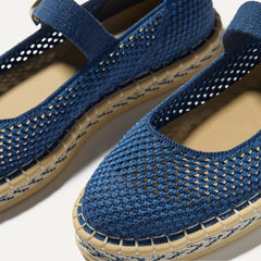 Close up of the vamp of The Espadrille Mary Jane in Blue Breeze. 