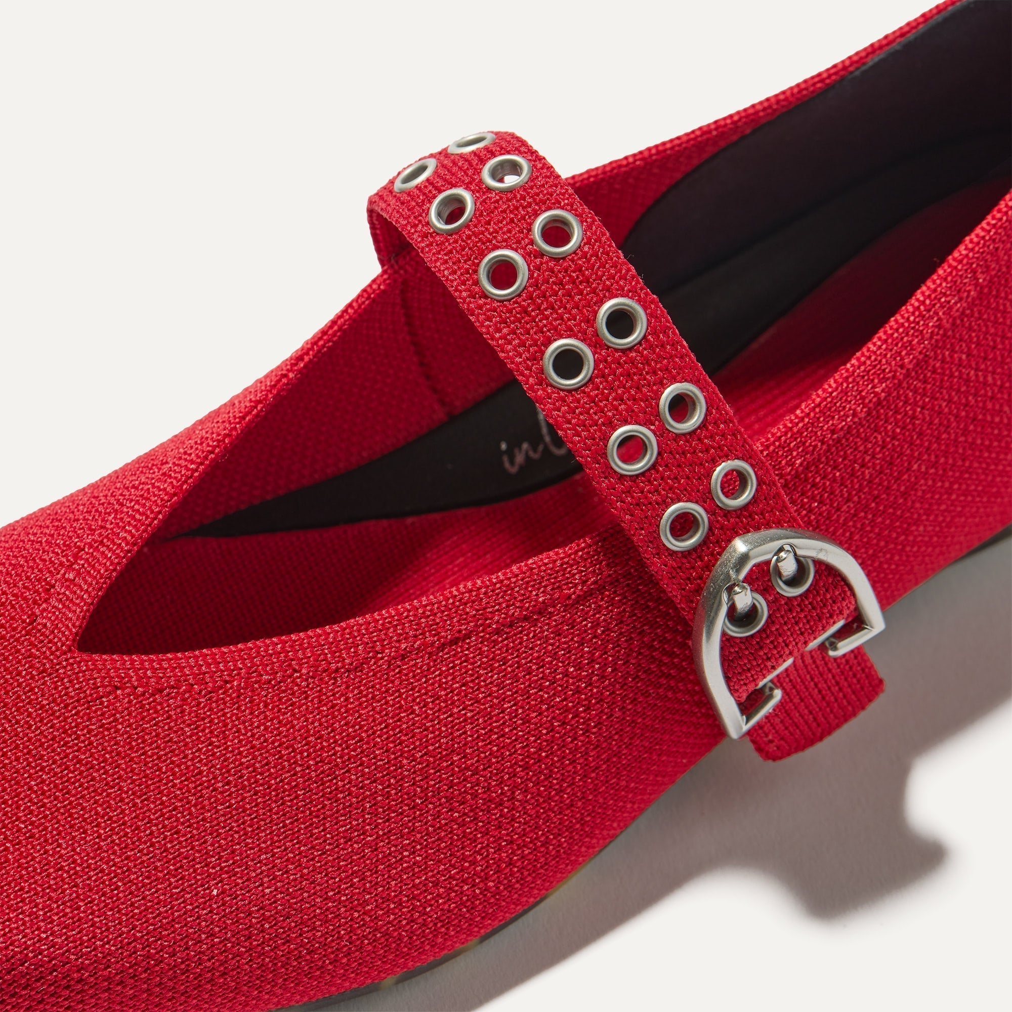 Top view of the square toe and V-shaped vamp of The Max Buckle Mary Jane in Cherry.