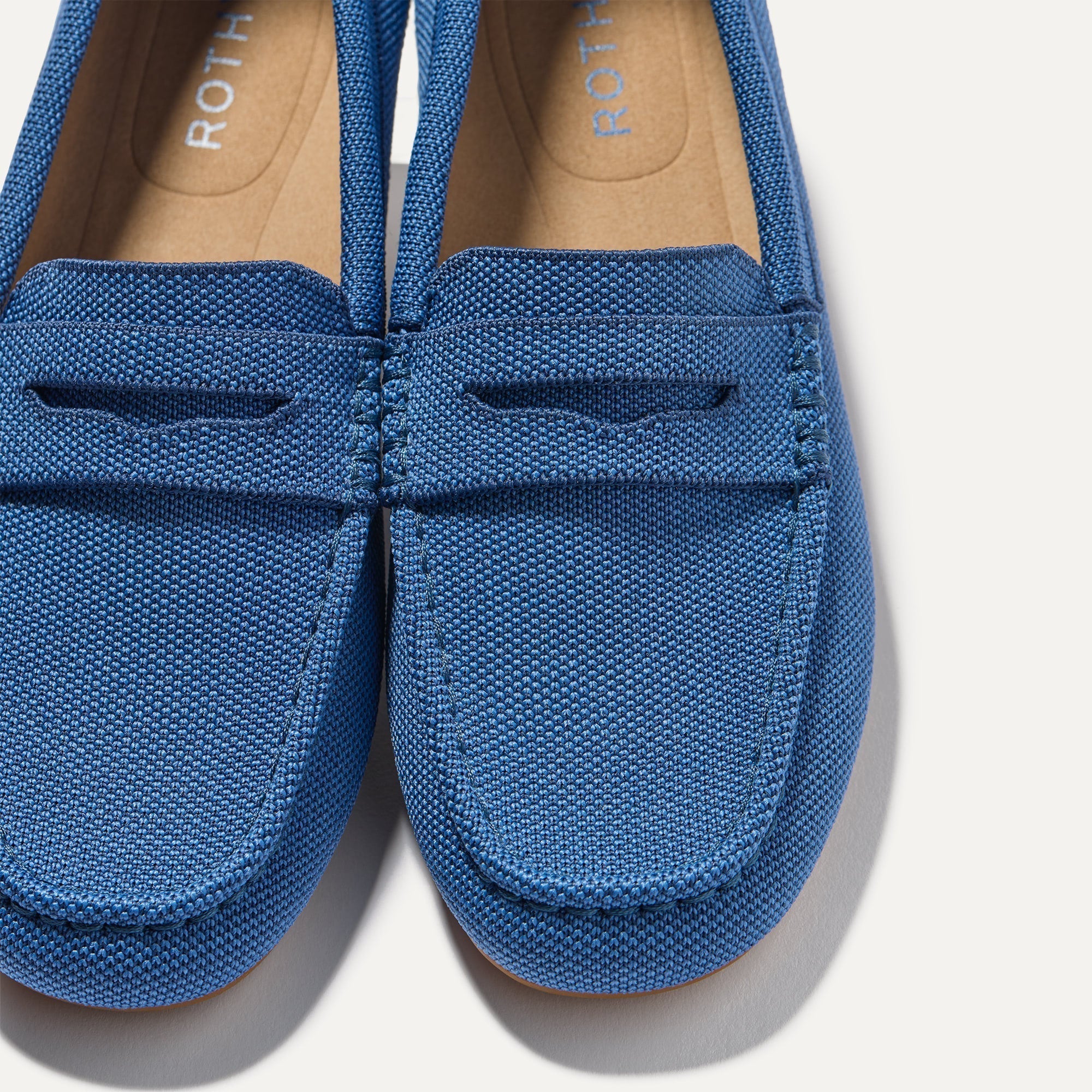 Close up of the toe and vamp of The Daily Driver in Blue Sea. 