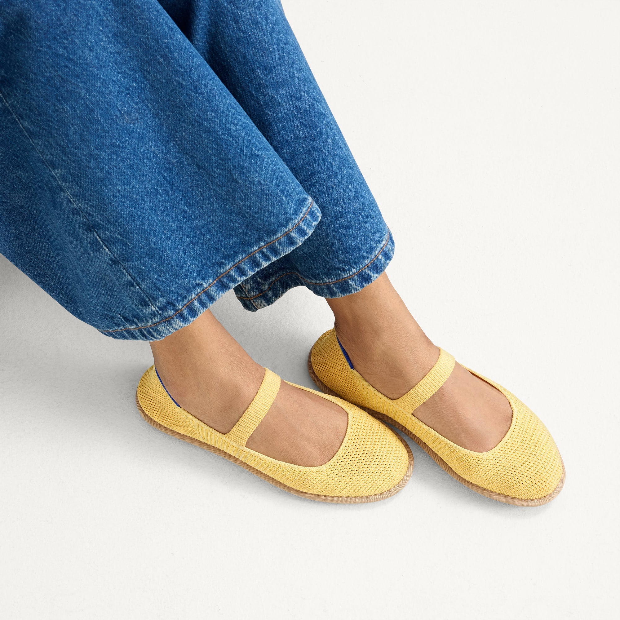 hover | Model wearing The Cruiser Mary Jane in Sunbeam Raffia-Knit.