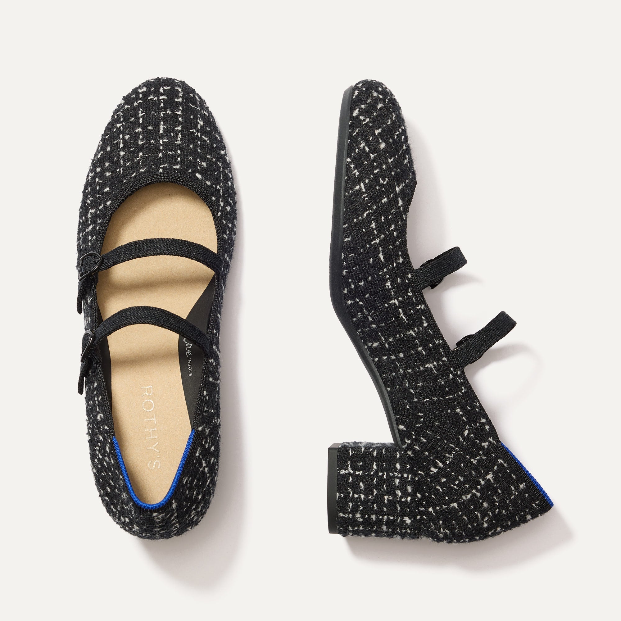 The Double Buckle Mary Jane Heel in Twilight Tweed shown from the top.