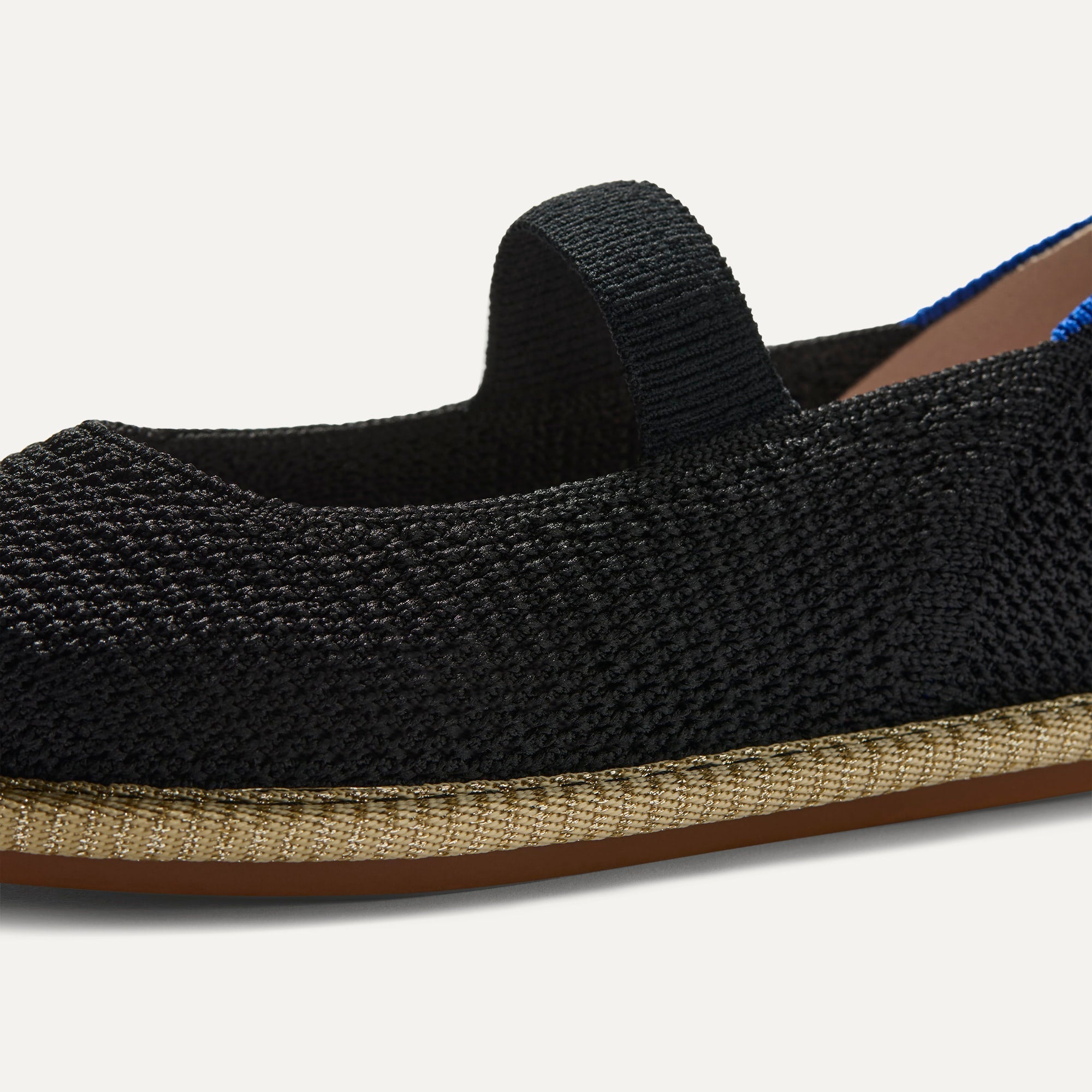 Close up of the toe and vamp The Mini Mary Jane in Black Raffia-Knit.